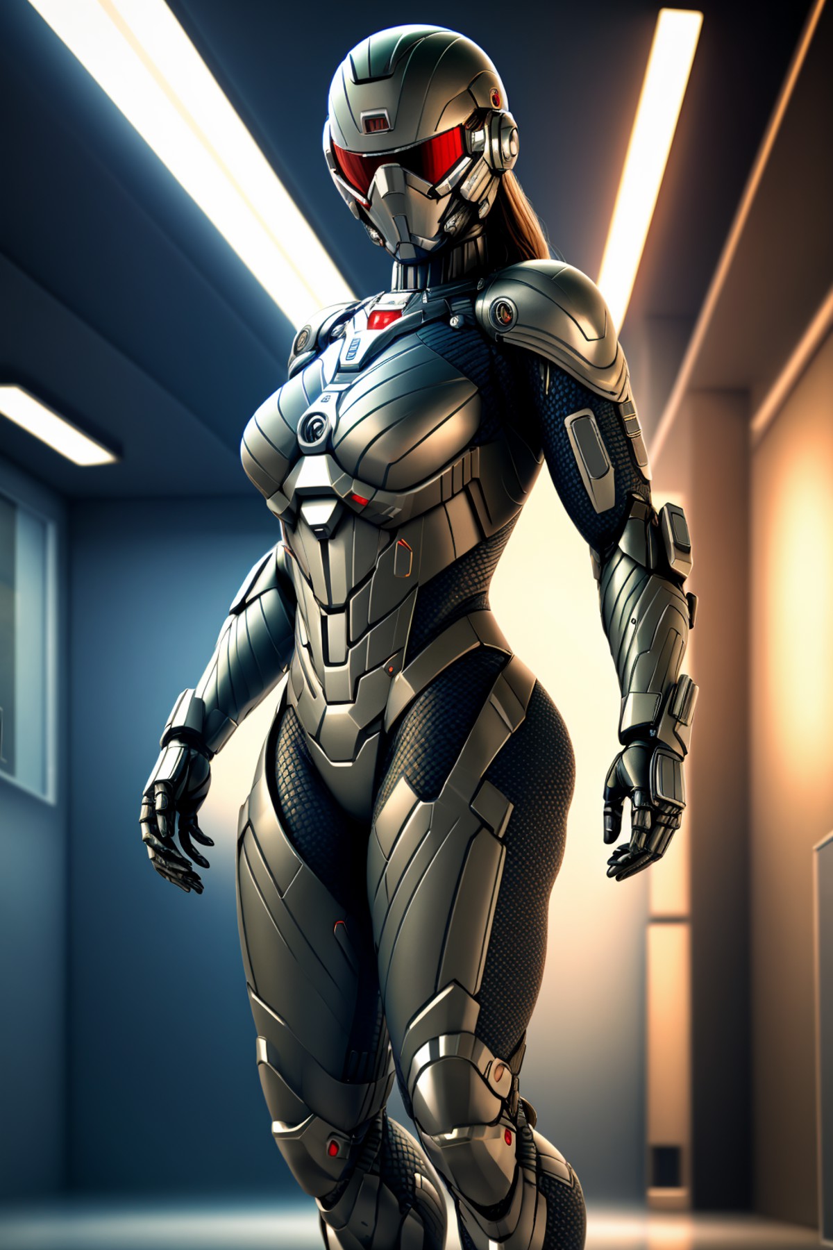 4K, Masterpiece, highres, absurdres,
woman wearing crNanosuit, solo, 1girl, standing, full body, femalefocus, science fict...